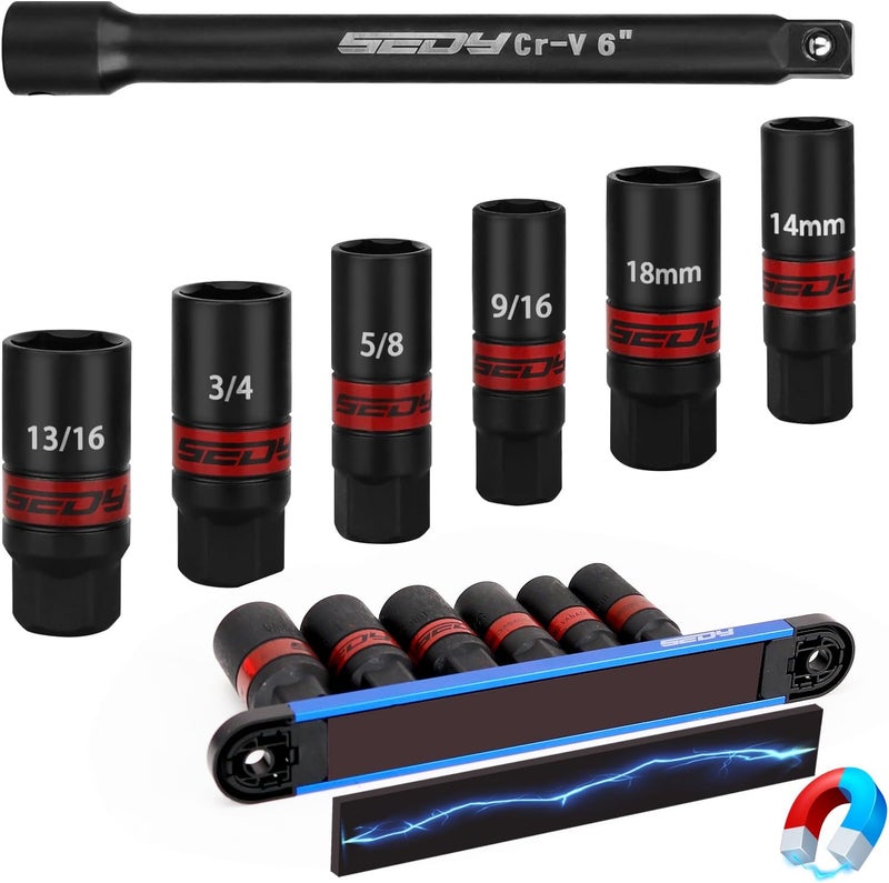 SEDY 8-Piece 3/8''-Drive Spark Plug Socket Set, SAE & Metric Impact Spark Plug Socket Set with Magnetic Rail, 9/16-inch, 5/8-inch, 3/4-inch, 13/16-inch, 14mm, 18mm, Extension Bars - Image 1